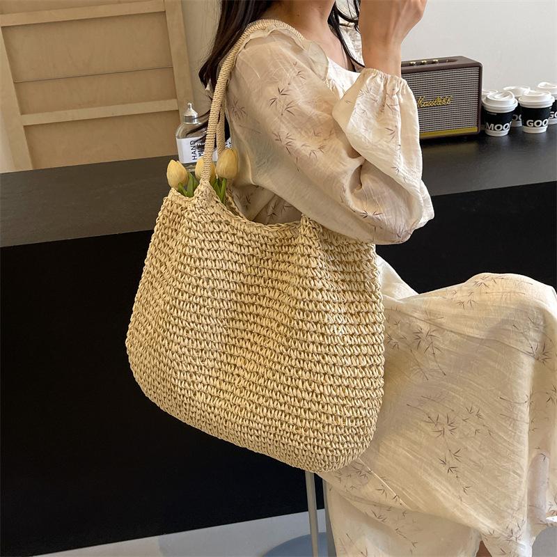 Handmade Crochet Straw Tote Bag Women Large Capacity Shoulder Bag Woven Material Summer Beach Vacation Boho Style Casual Handbag