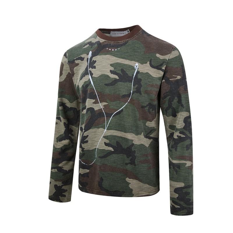 Mens Long Sleeve T-Shirt Camo Vintage Wash Round Neck Casual Top Teens