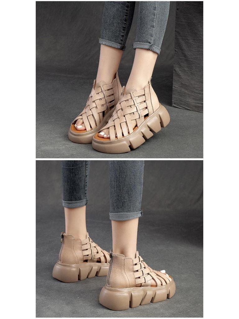 Jiechu Women's Summer Braided Hollow Sandals - Thick Sole, Breathable Candy Colors, Comfortable Roman Style