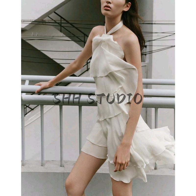 Autumn New Product Women Clothes Asymmetric Hem Hanging Neck Long Dress Laminated Decoration Mini Dress 8228811
