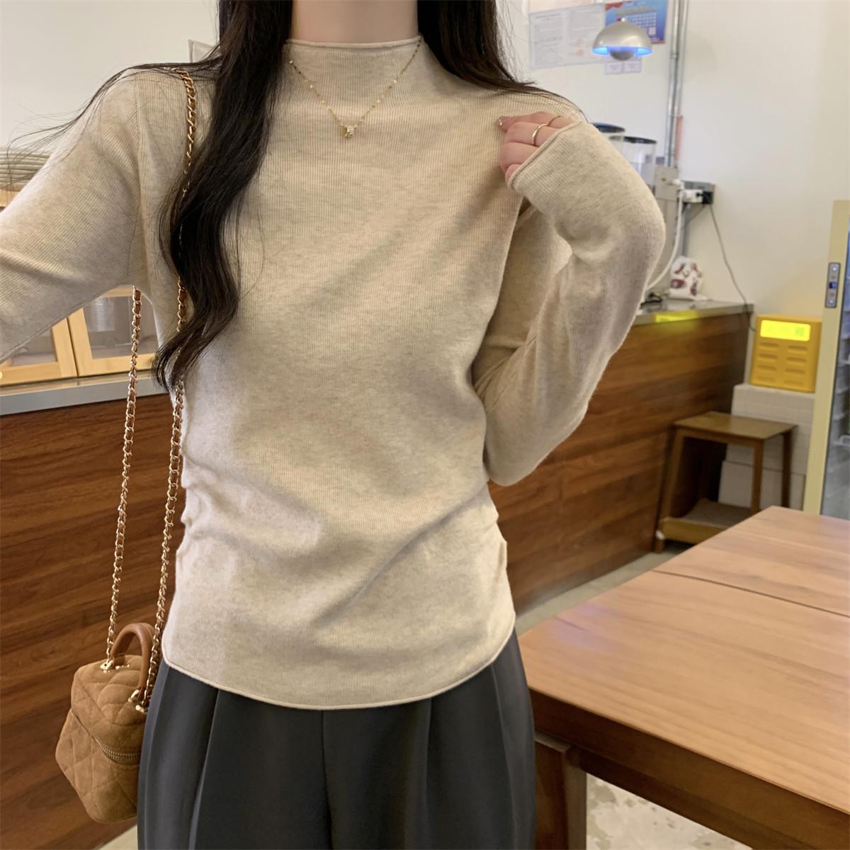 Весенний трикотажный топ с полувысоким воротником и плиссировкой, простая базовая футболка для ношения под низ, базовый свитер с длинным рукавом женский S