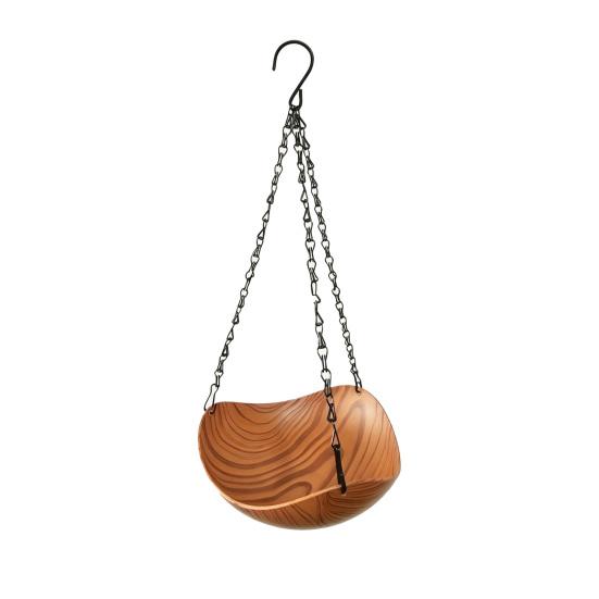 Hanging Bird Bath Imitation Wood Grain Plastic Bowl with Metal Chains Rustic Bird Bath Feeder Bowl for Multiple Birds Outdoor Garden Backyard Decor