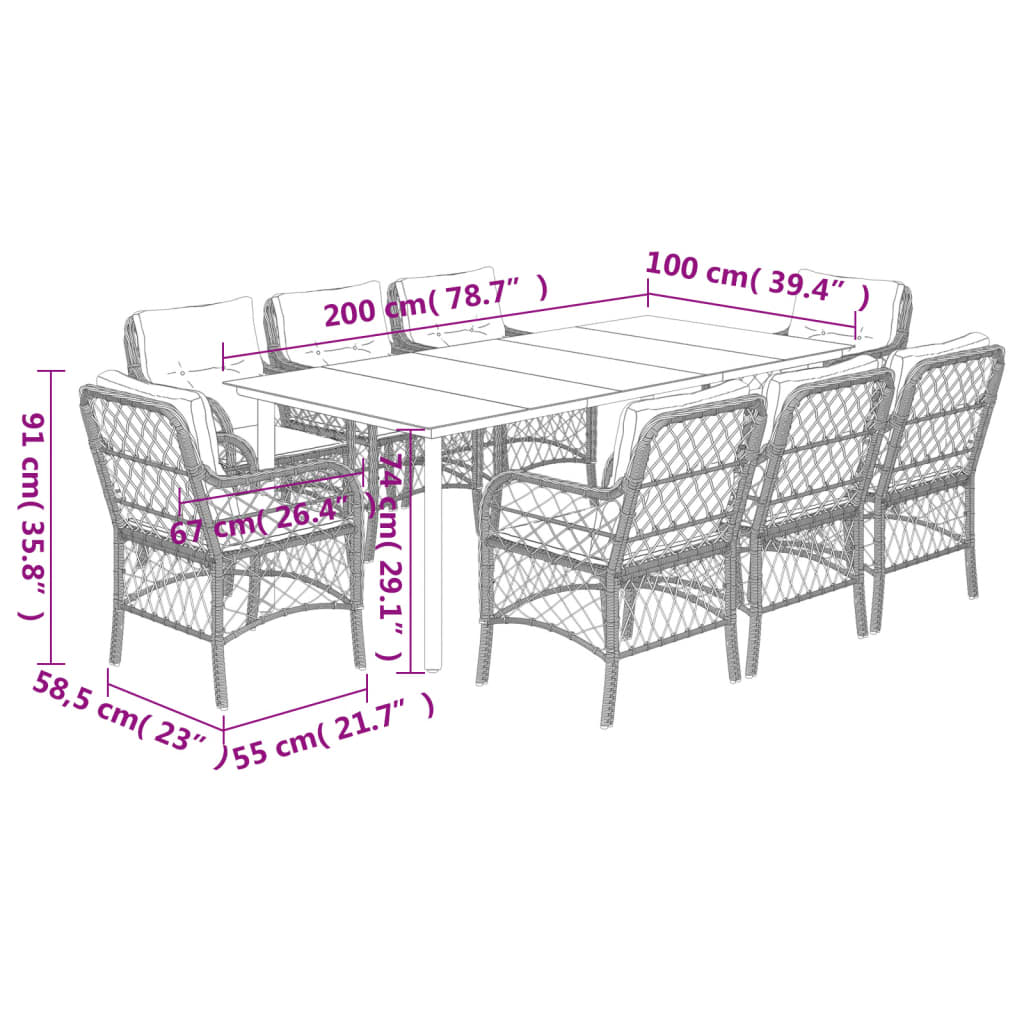 Vidaxl 9-Cz. Garden Furniture Set With Cushions, Brown, PE Rattan