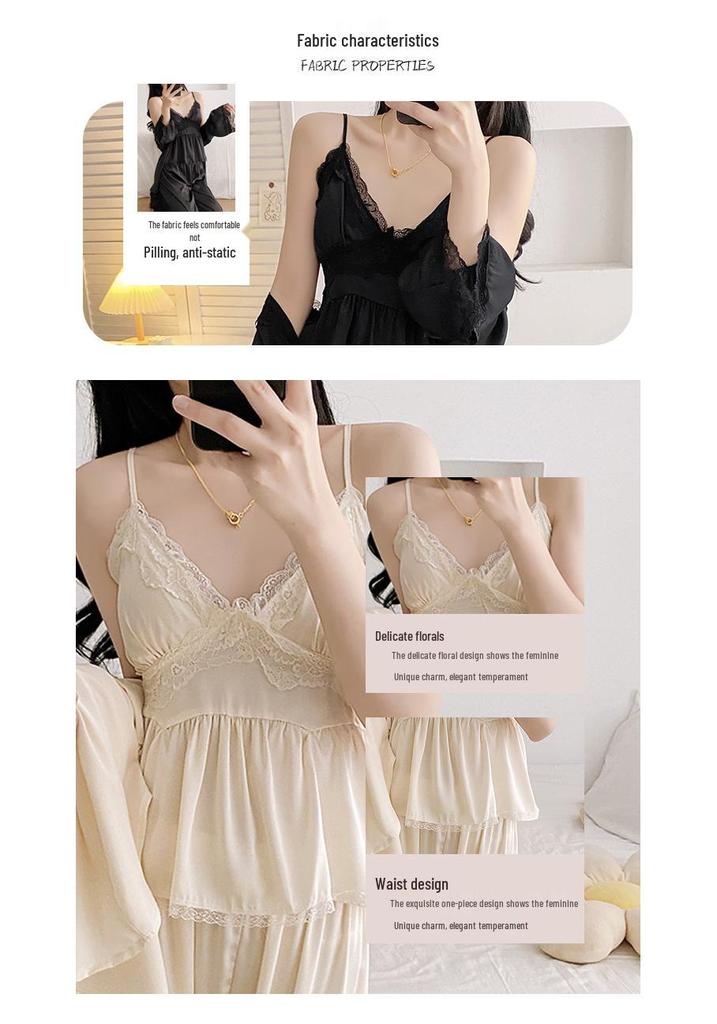 Ruth's Ice Silk V-Neck Pajamas: Women's High-End Spring/Summer Three-Piece Set for Home or Out.