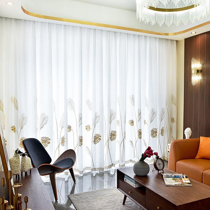 European minimalist curtains living room balcony light-transmitting sunscreen window screen no punching hooked embroidered curtains