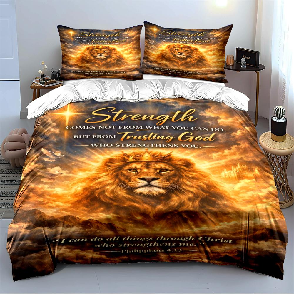Lion and Bible Verse Bedding Set Design Bedding Set (1 Duvet Cover, 2 Pillowcases, Duvet Not Included)