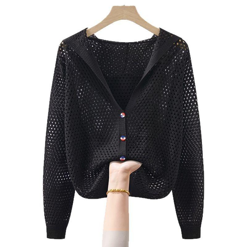 Women s Spring Summer Hollow Out Ice Silk Knit Cardigan, Thin Cropped Hooded Loose Long Sleeve Outerwear Jacket One size