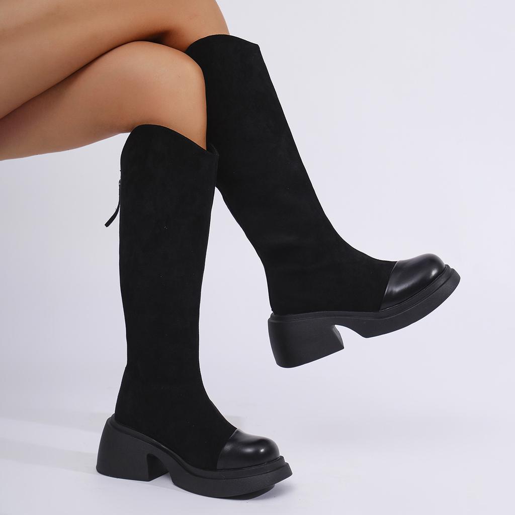 Móda Boty nad koleno na silné platformě pro ženy Podzimní móda Hrubé podpatky Dámské dlouhé boty Semišové Patchworkové Platformové Botas De Mujer 2024