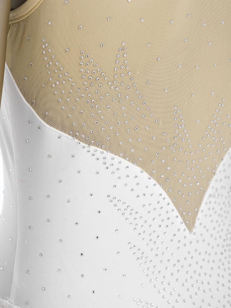 Body da ginnastica femminile con strass, piume soffici, orlo irregolare, senza maniche, con bottoni all'inguine