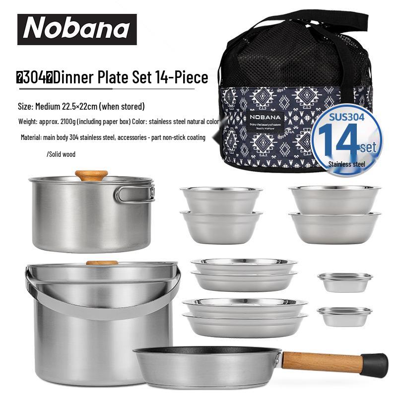 NOBANA 14-Piece Stainless Steel Camping Cookware Set: Portable Soup Pot & Frying Pan for Outdoor and Household Use 304 Stainless Steel Pot and Bowl Set