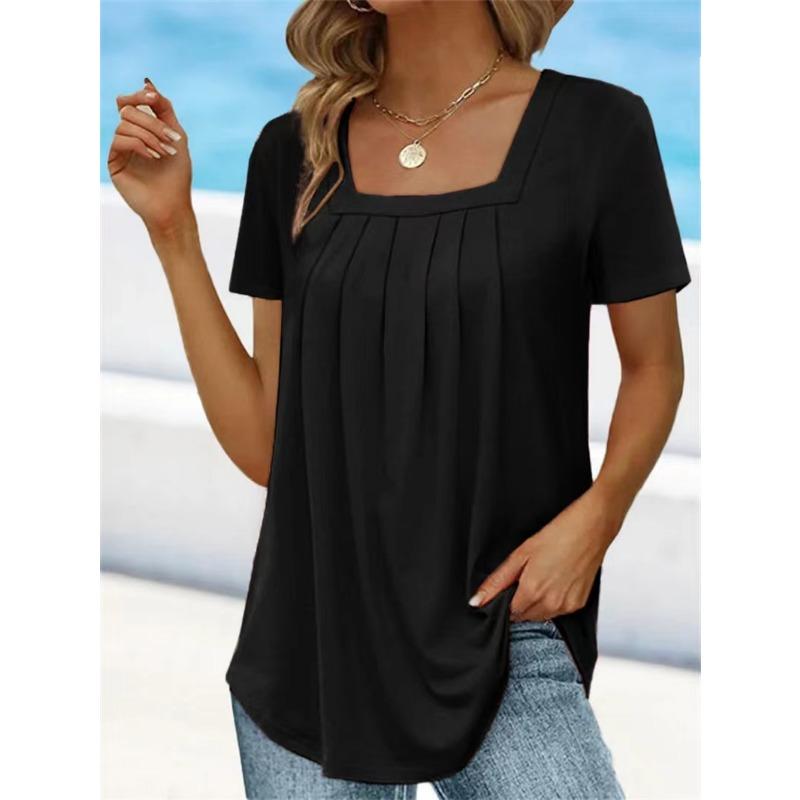 Women Square Neck Short Sleeve Blouse With Pleated Front And Curved Hem Casual Multi Color Summer Top