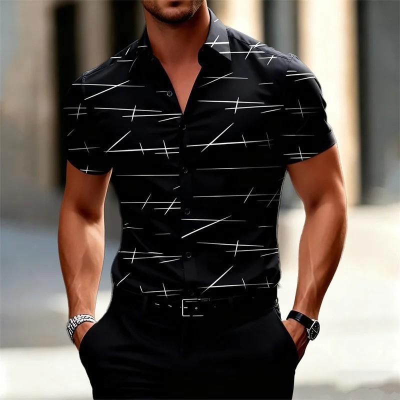 Men Abstract Line Print Lapel Short Sleeve Button Down Shirt