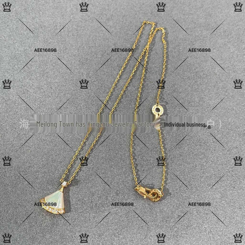 V Gold High Fan-shaped Clavicle Necklace: 18k Rose Gold with Red Agate, Diamond Accents, and White Shell on 925 Silver for Women
