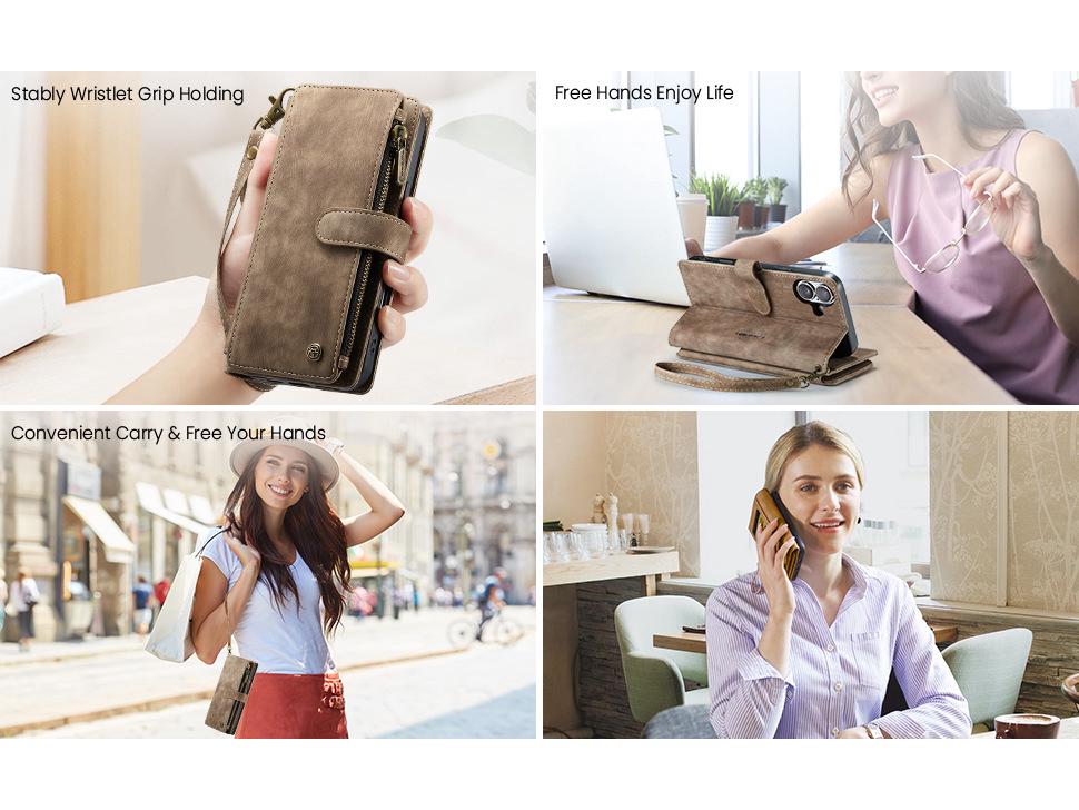 Kožené pouzdro s peněženkou pro Apple 16 Pro Max s přihrádkami na více karet, poutkem na ruku a funkcí stojánku.