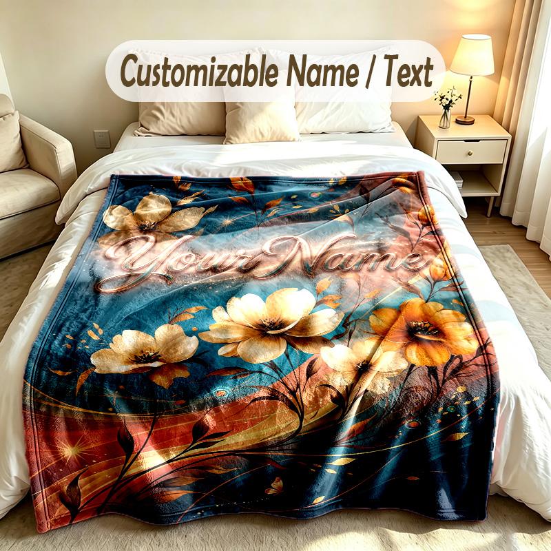 Floral Garden Theme Soft Blanket Personalized Custom Name Text Print Warm Blanket Home Sofa Bedroom Decor