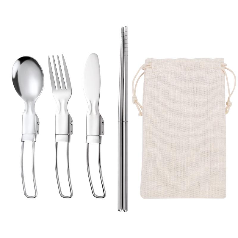 Stainless Steel Folding Cutlery Set with Foldable Knife Fork Spoon and Detachable Chopsticks Outdoor Portable Cutlery Pouch