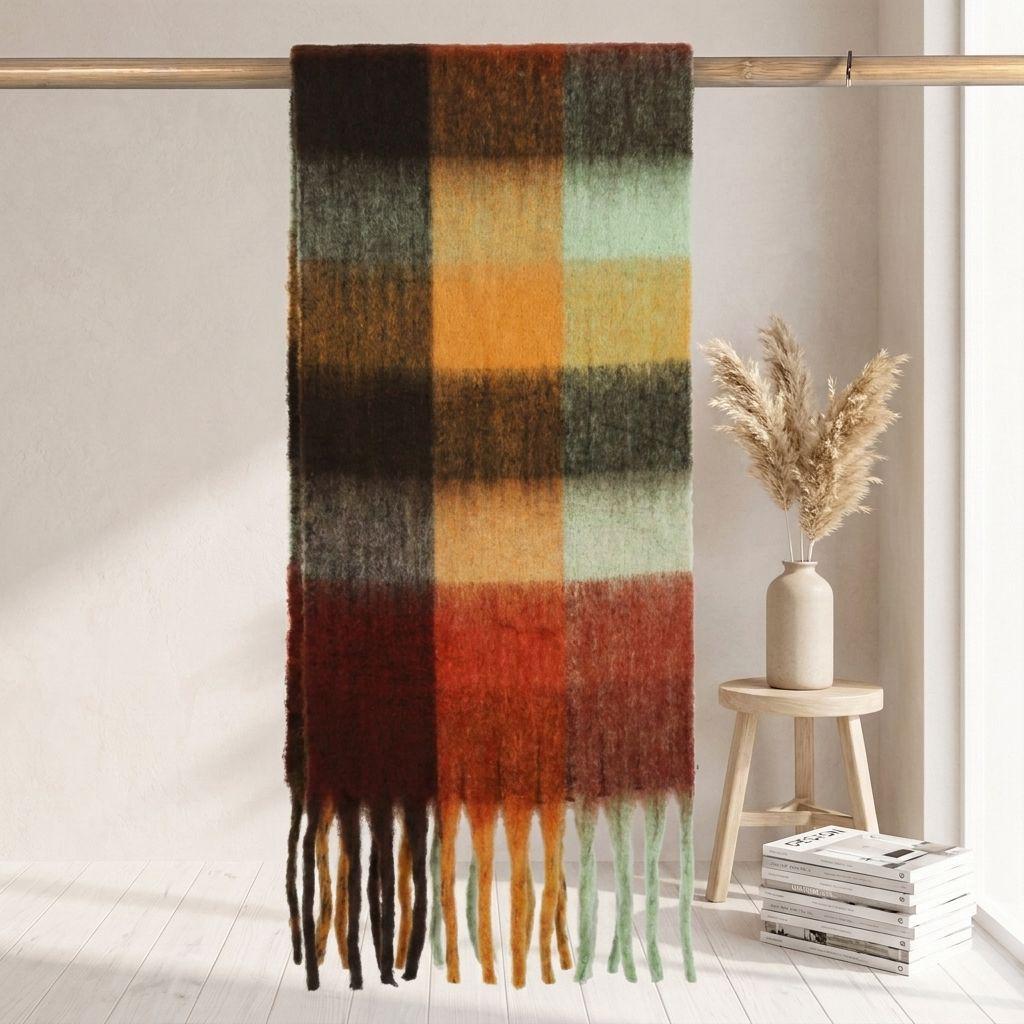 Women's High-Grade Colorful Plaid Mohair Scarf - Thick, Warm, and Versatile for Winter