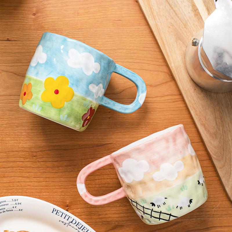 400ml Handbemalte Keramik Große Kaffeetasse mit Henkel Koreanischer Stil Floral Bewölkt Milchteetasse Mikrowellengeeignet