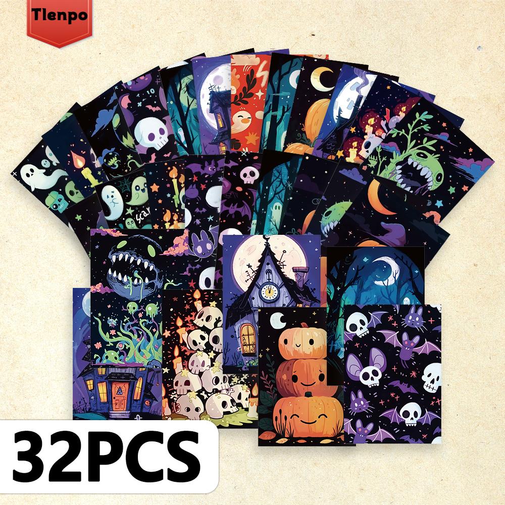 32pcs, cartoon abstract Halloween postcards, suitable for birthday/anniversary gifts, collectible, giftable, and mailable.