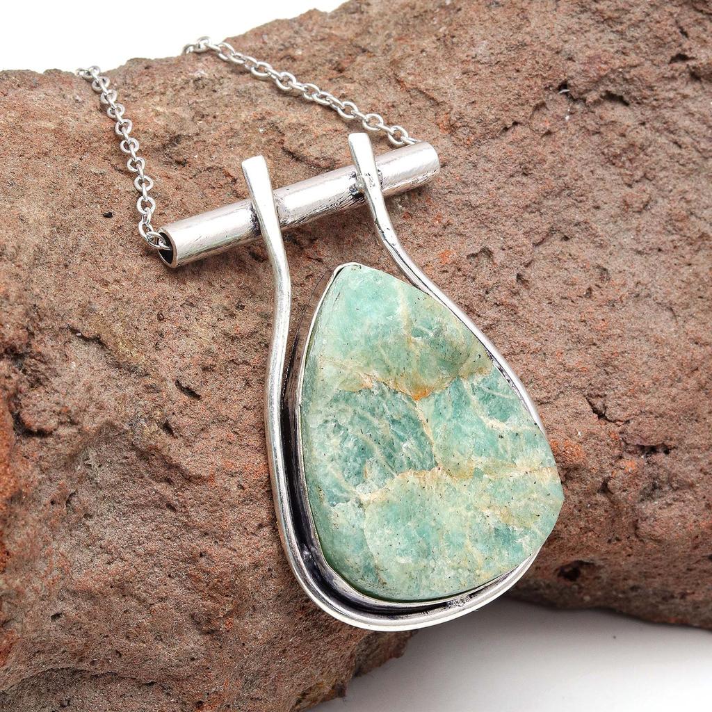 Necklace Amazonite Gemstone Natural Beads Round 20" Blue Pendant Silver Faceted
