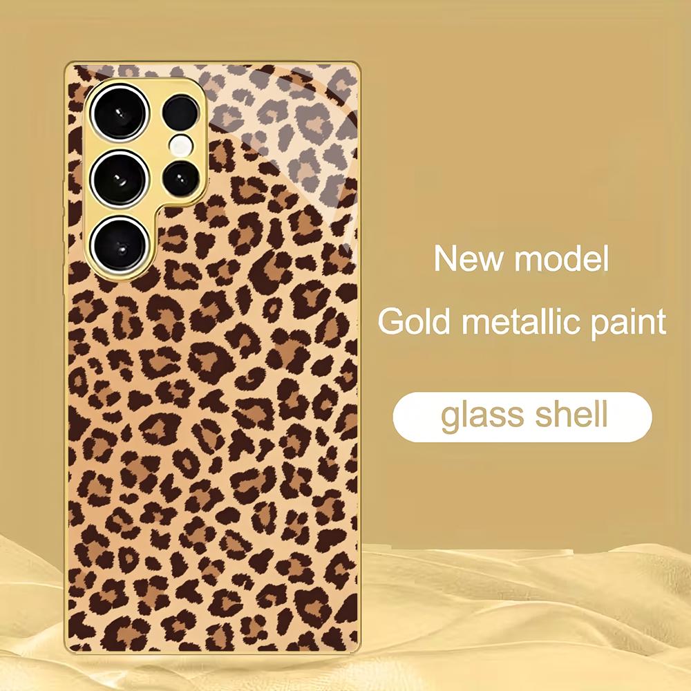 Leopard Print Metallic Paint Glass Phone Case Suitable for Samsung Galaxy S26 S25 S24 S22 S21 S20 FE/Ultra/Plus Anti Drop