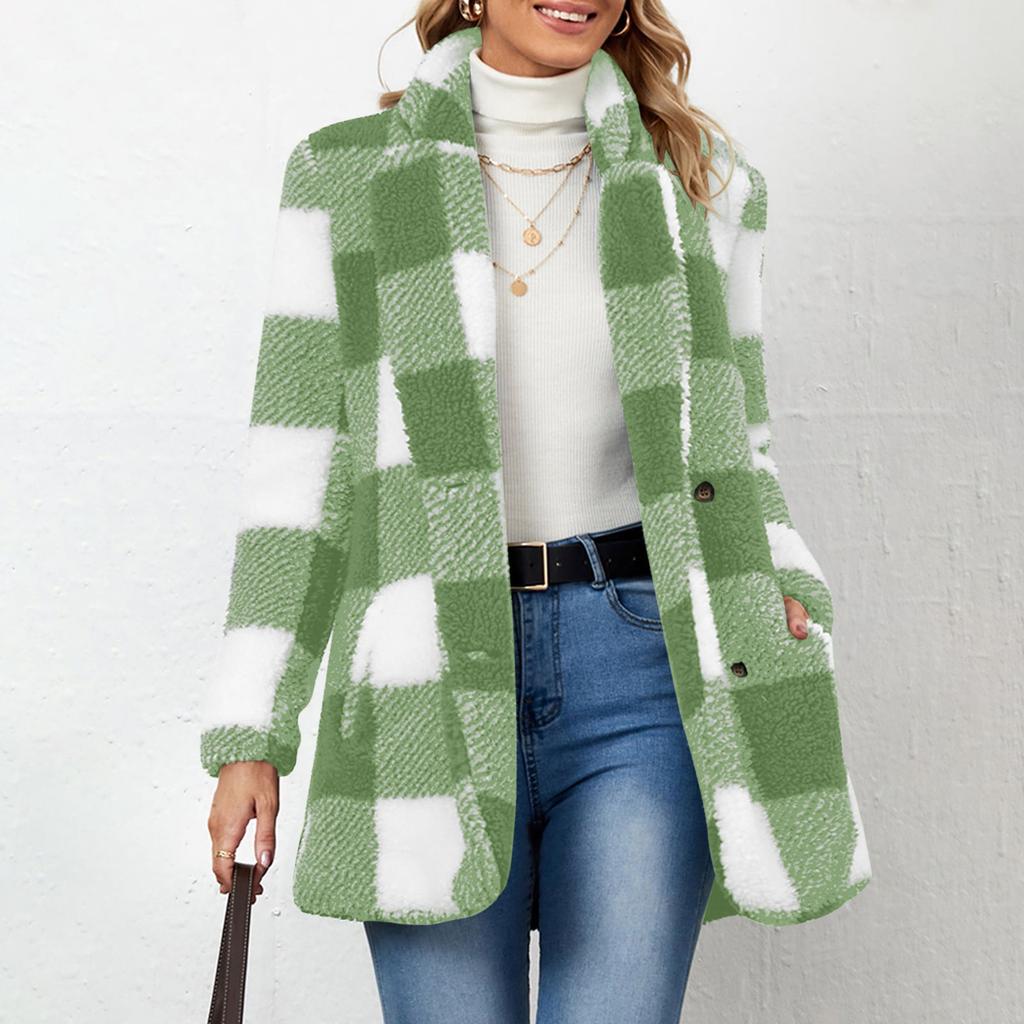 Women's Fashion Plaid Lapel Long Sleeved Coat With Buttons, Plush Warm Jacket With Pockets