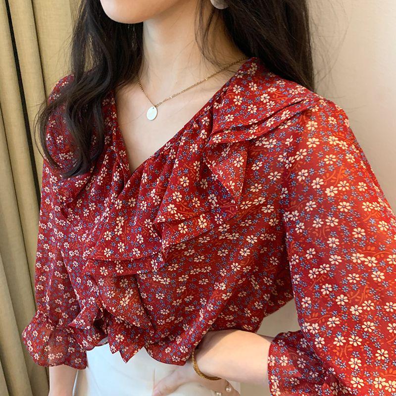 Květinová šifonová halenka Dámská s výstřihem do V Nadměrná velikost Volná spodní košile