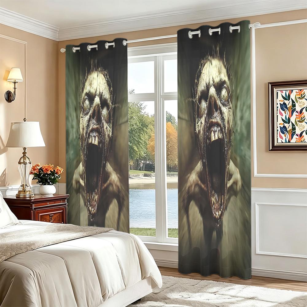 2Pcs Perforated Blackout Curtain Light Block Privacy Drape Living Bedroom Halloween Double Zombie Head Horror Window Decor