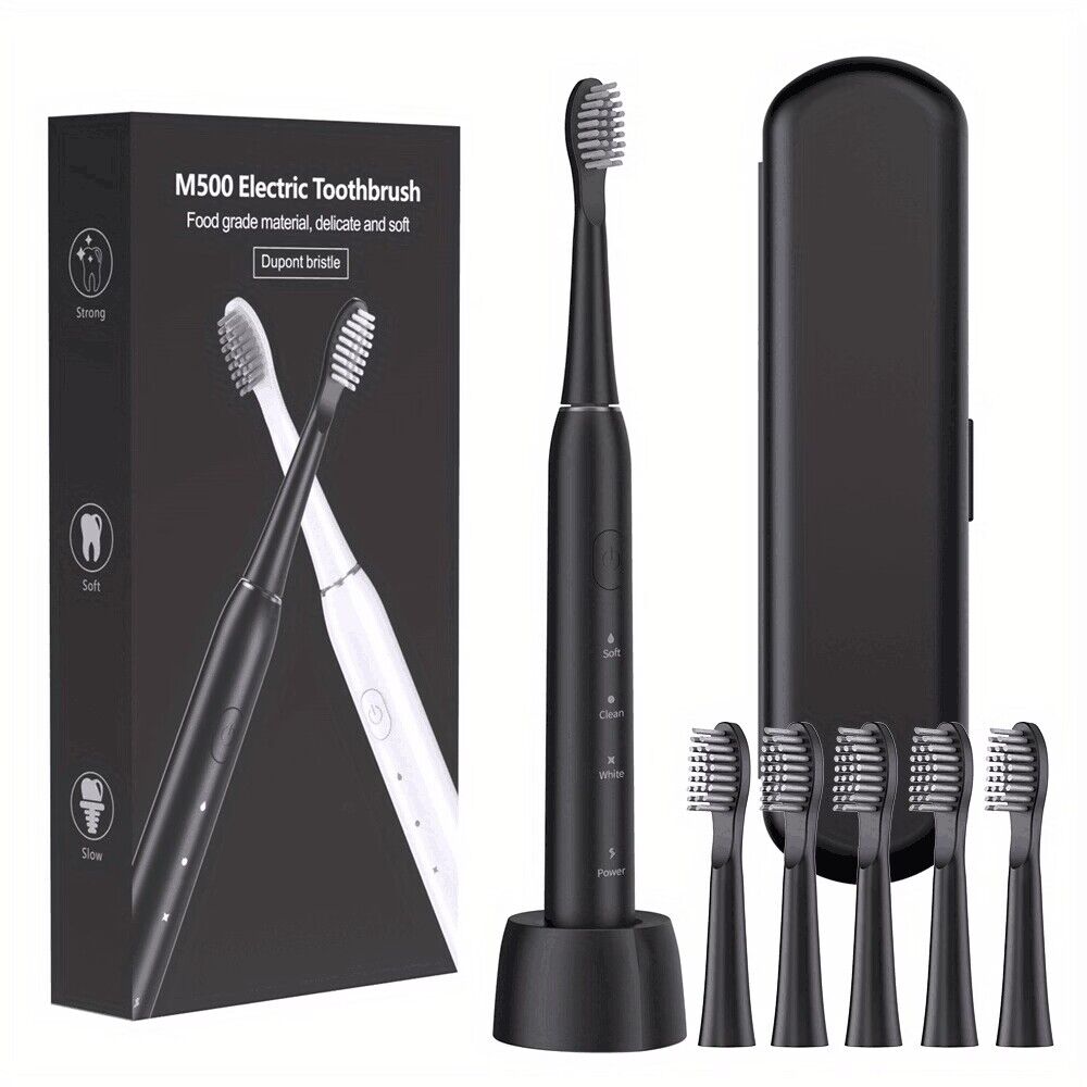 

Электрическая зубная щетка с дорожным футляром, электрическая зубная щетка с зарядкой от USB, водонепроницаемая интеллектуальная зубная щетка IPX7 чёрный