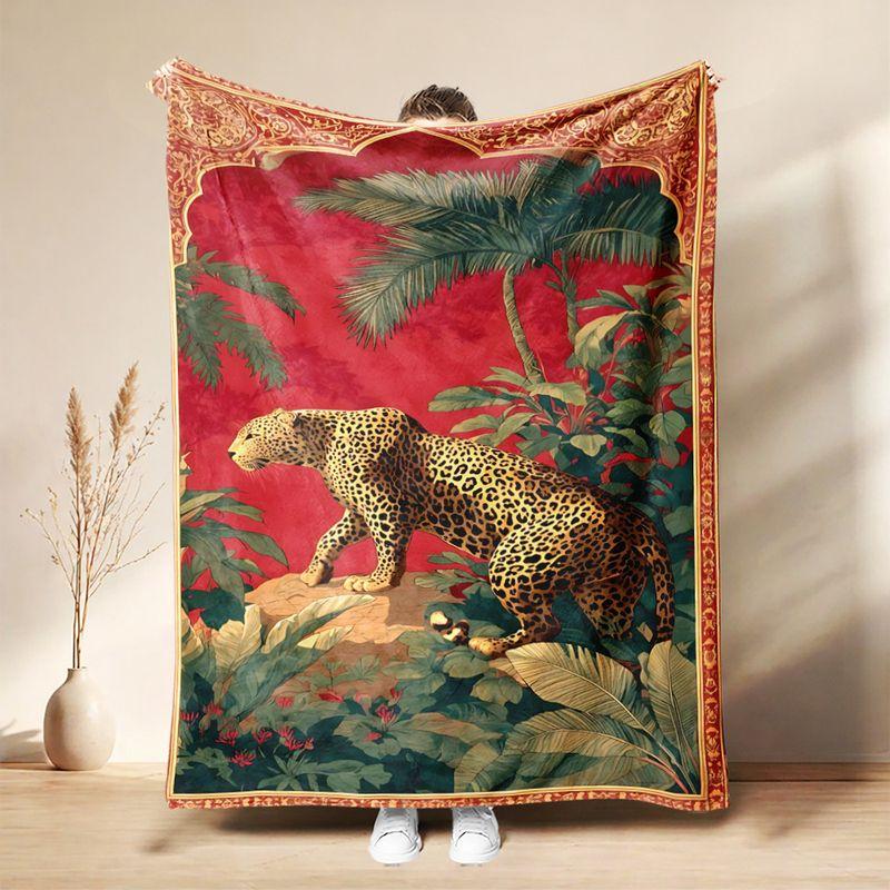 Medieval Wild Animal Flannel Throw Blanket Lion Tiger Leopard Floral Art Print Soft Warm Vintage Sofa Bedroom Home Decor