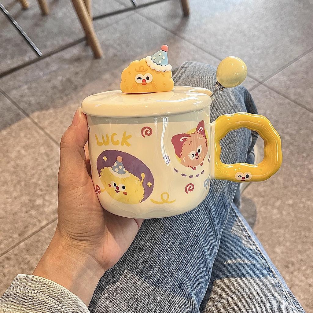 High Appearance Mug with Lid Spoon, Cute Ceramic Water Cup, Cartoon Small Coal Ball Couple Water Cup Gift, Breakfast Cup