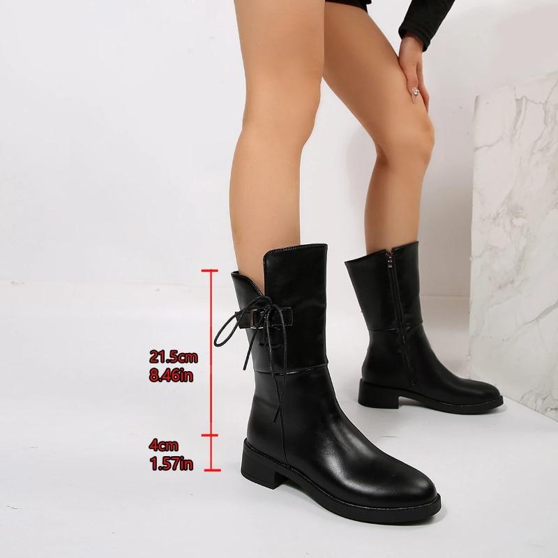 Women'S Mid-Calf Boots Autumn Winter Fashion New Casual Plus Warm Shoes Round Toe Zipper Solid Color Comfortable Pu Leather Boot