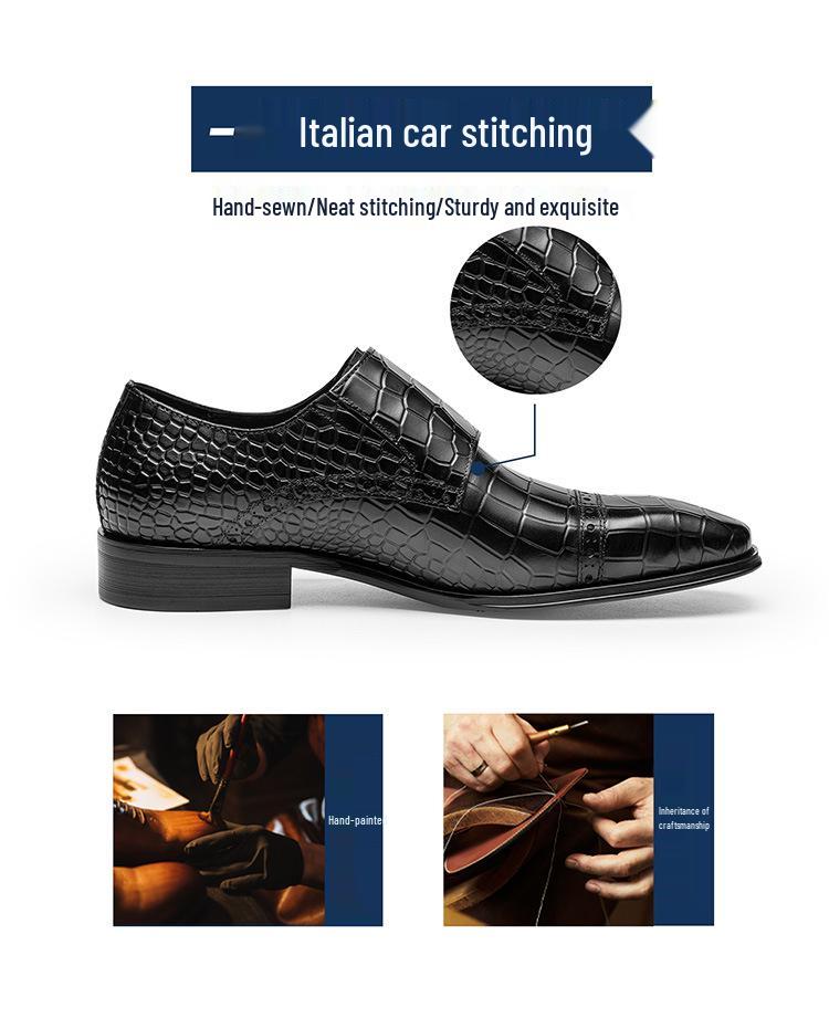 Men's Genuine Leather Slip-On Monk Shoes - Square Toe Business Casual