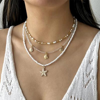 Handmade Rice Beads Multi-layer Stacked Choker for Women Simple Starfish Shell Pendant Necklace Bohemian Beach Jewelry Gifts