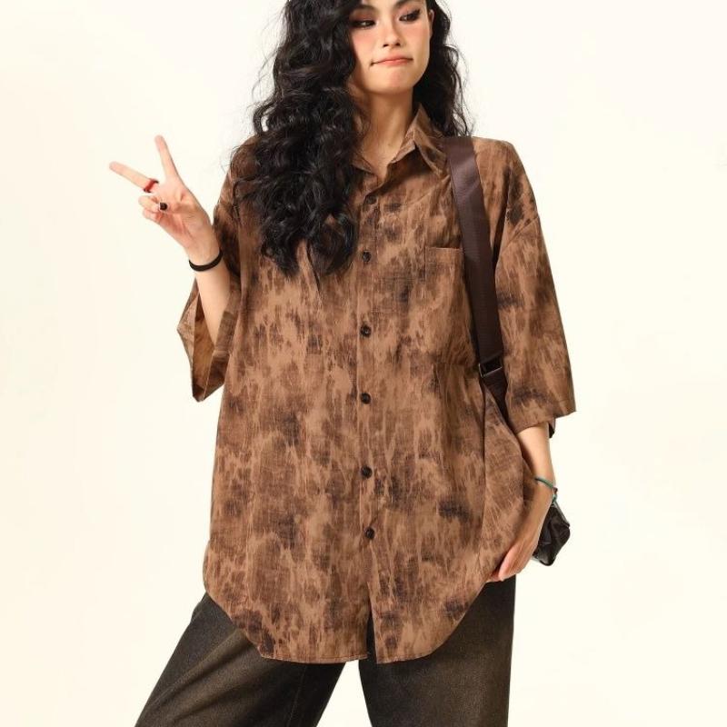 Loose Short Sleeved Thin Women's Shirt Retro Casual Summer Turn-down Collar Blouses Full Print Versatile Top with Pocket