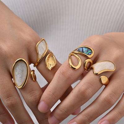 Abalone Shell Ring Natural Mother of Pearl Gold Plated Adjustable Open Irregular Geometric French Vintage Summer Beach Jewelry