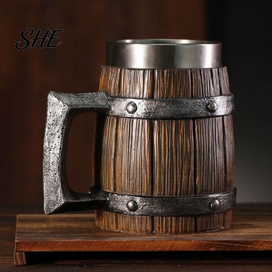 Food Grade Beer Mug Wood Barrel Mug, 600ml Stainless Steel Liner Stein, Durable Stein Rustic Tankard for Pub Home Bar Party Gift Vintage Style