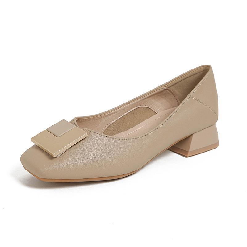 Lady single shoes women's shoes new popular retro commuter soft leather square head medium high heel grandma shoes