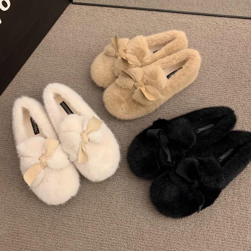 Fashion Women Furry Flats Shoes Fashion Butterfly-knot Slip On Shoes Warm Cartoon House Shoes For Winter