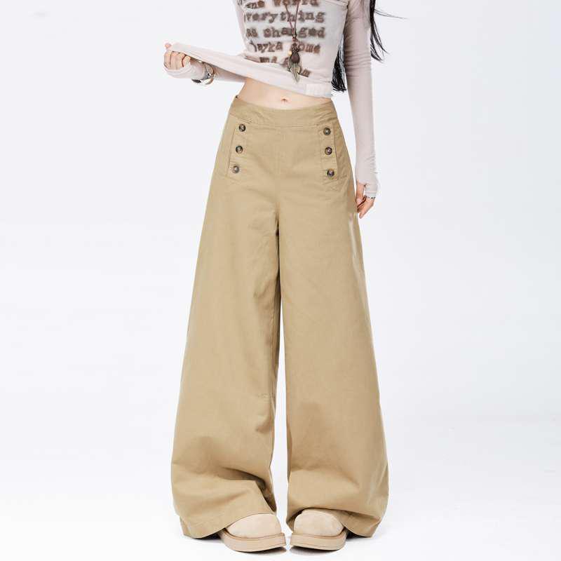 

Autumn Women s High-Waisted Wide-Leg Pants with Multi-Button Design, Extended Length S
