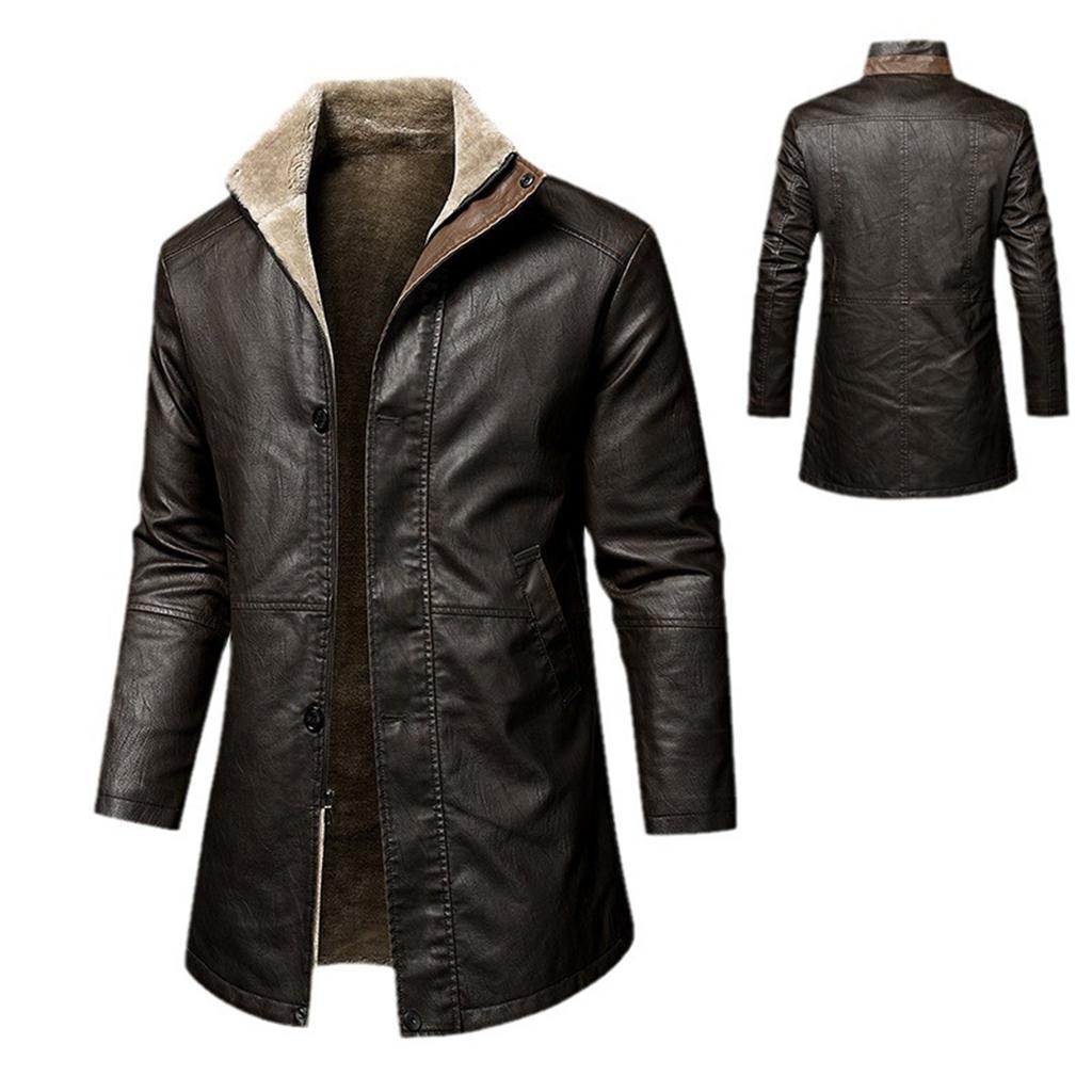 Cappotto da uomo a tinta unita retrò a contrasto di colore velluto ispessito giacca lunga in pelle PU cappotto invecchiato