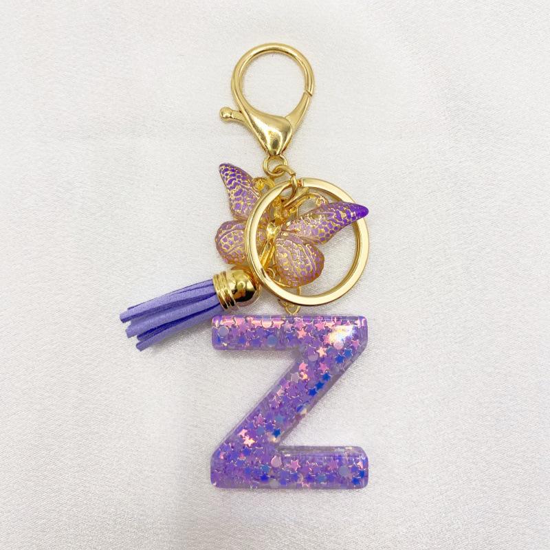 26-Letter Alphabet Resin Keychain with Star Sequins & Tassel Charm