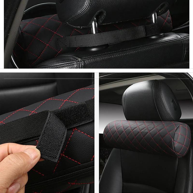 Luxury Car Seat Neck Pillow Headrest Leather Memory Foam Breathable Cervical Cylindrical Pillow Office Chair Headrest Protector