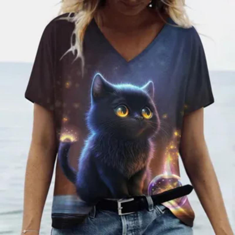 Cat Pattern Summer Loose Women's T-Shirts Casual Comfortable Loose V-Neck Short-Sleeve T-Shirt