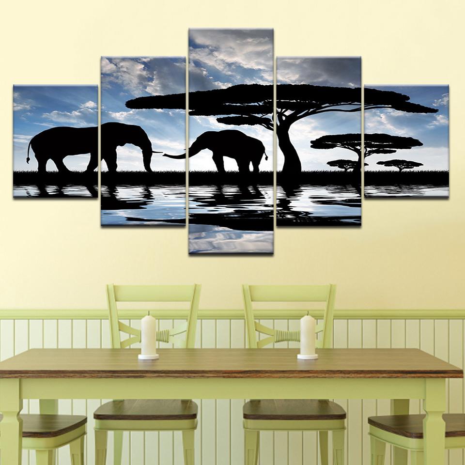 

The African Elephant walking modern Modular 5 panel HD Print wall Poster Canvas art painting for Living Room Home Decor 20x35 20x45 20x55cm
