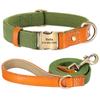 Customized Personalized Nylon Leather Dog Collar with Pet ID Tag 5ft Walking Leash Rope Set for Pug And Other Breeds