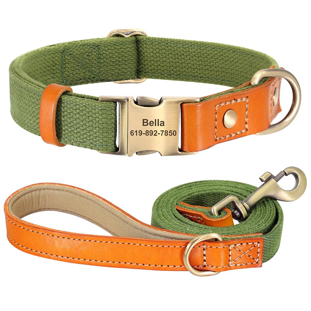 Customized Personalized Nylon Leather Dog Collar with Pet ID Tag 5ft Walking Leash Rope Set for Pug And Other Breeds