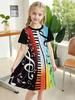 Toddler Girls Fantasy Cartoon Pattern Gown Summer Lightweight Short Sleeve Round Neck Dress Outdoor Holiday Birthday Elegant