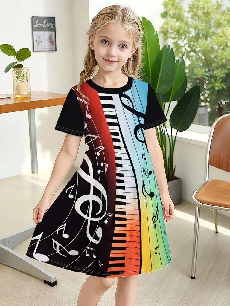 Toddler Girls Fantasy Cartoon Pattern Gown Summer Lightweight Short Sleeve Round Neck Dress Outdoor Holiday Birthday Elegant