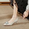 Pointed one-word strap high heels women's thin heels 2025 new Chinese red Xiuhe bridal wedding shoes medium heel single shoes